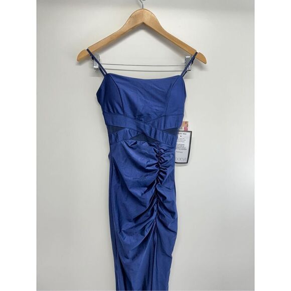 Emerald Sundae Mesh Panel Maxi Dress Size Extra Small Blue Side Slit Gown NEW - Picture 4 of 8
